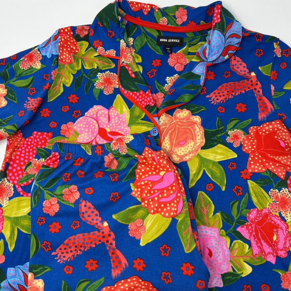 Room Service Blue Floral Bird Print Notch Collar Pajama Set Womens Size Medium